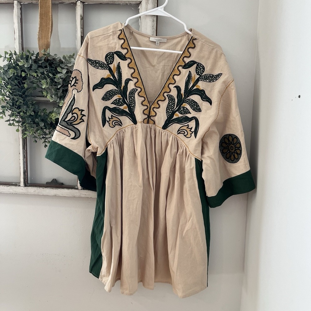 Veveret Linen Blend Babydoll‎ Embroidered Boho Floral Patchwork Tunic Dress L